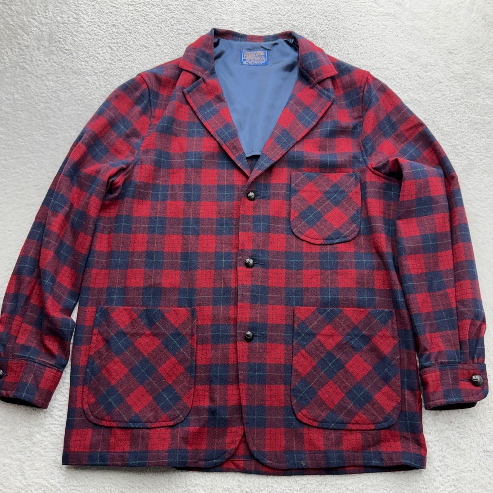Pendleton Vintage Mens Red Navy Plaid Wool Chore Coat Field Jacket Made in USA L